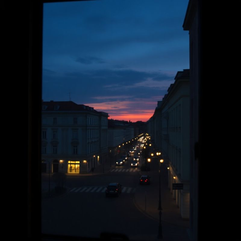 Pohľad z diskrétnej kancelárie na košickú ulicu s koralovým svetlom západu slnka